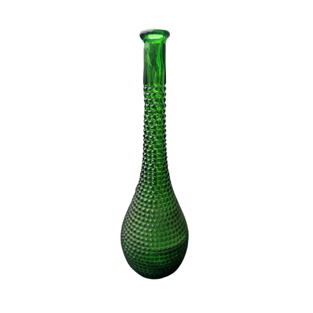Vintage Emerald Green Hobnail Genie Bottle Glass Decanter Vase 15.5 Inch MCM